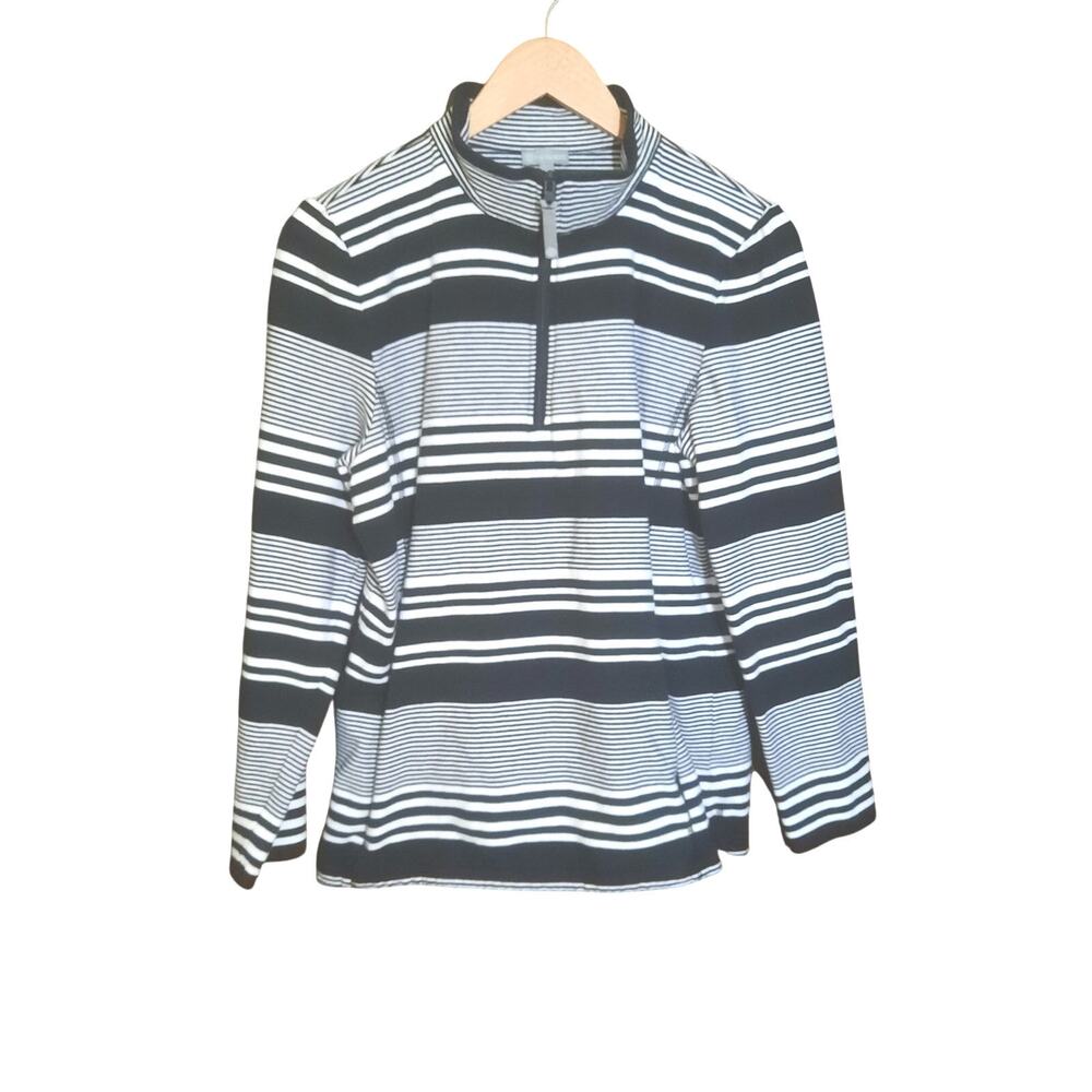 Talbots Womens 1/4 Zip Long Sleeve Black and White Stripe Pullover Size LP